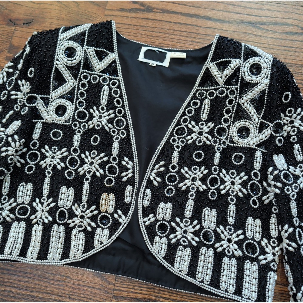 Vtg Neiman Marcus Bolero Jacket Heavy Beaded Sequin Silk Floral Geometric Sz M
